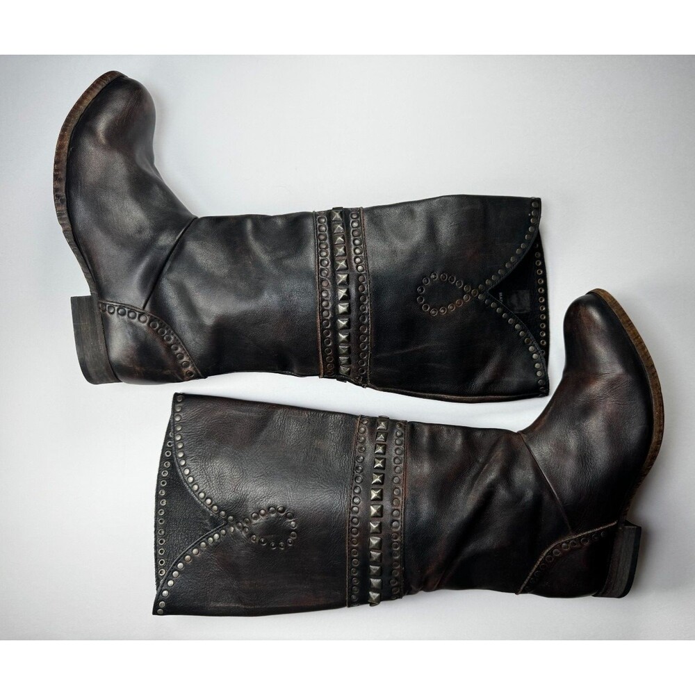 Free People Brown Leather Boots Womens EU 37 Tall Studded Portugal Decorative - Picture 11 of 15